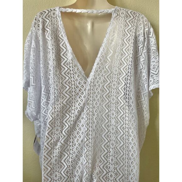 Time and Tru Women White V-Neck Wavy Crochet Drop Short Sleeve Cover Up Size L - Picture 10 of 13